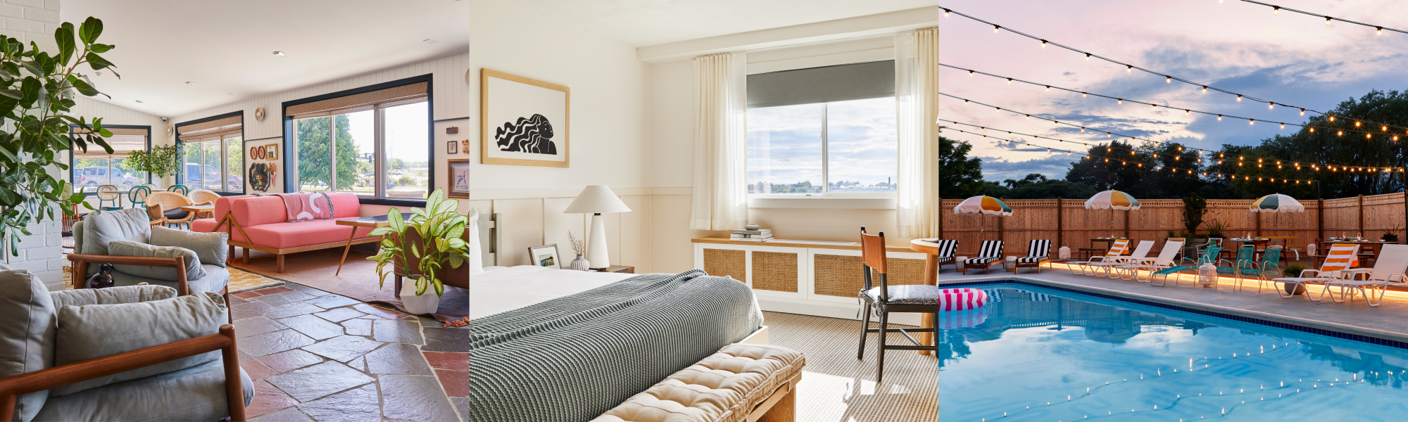 A collage showing a cozy living room, a serene bedroom, and an inviting outdoor pool area with string lights at sunset.