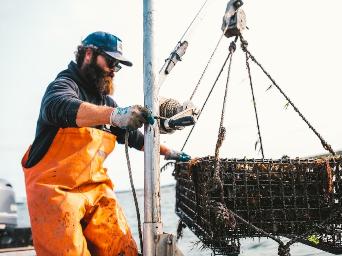 A person in orange overalls is working on a boat, hoisting a crate with ropes, likely involved in fishing or crabbing activities.