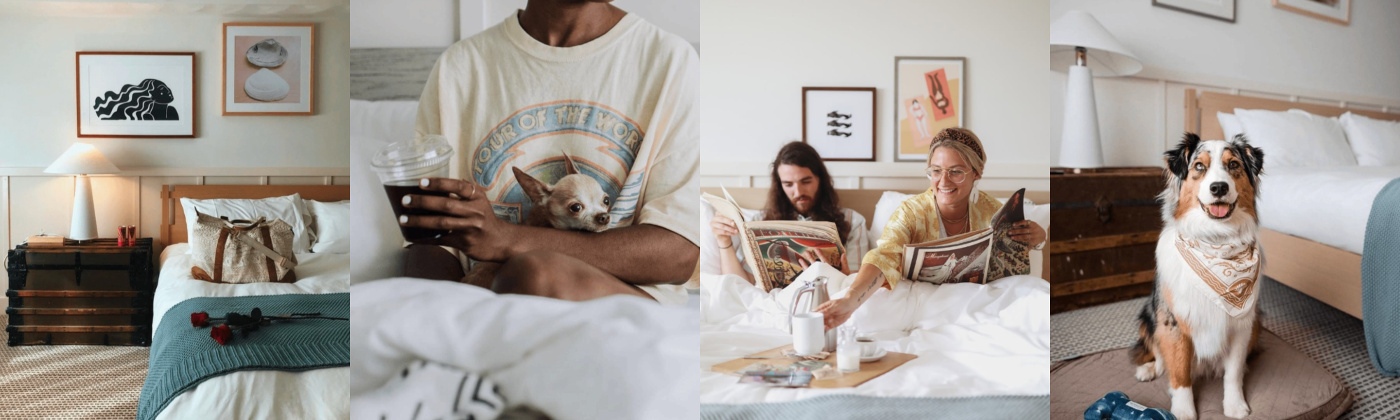 The image shows a cozy bedroom with art, people with a dog, reading, and relaxing vibes, plus a stylishly bandana-clad dog on the bed.