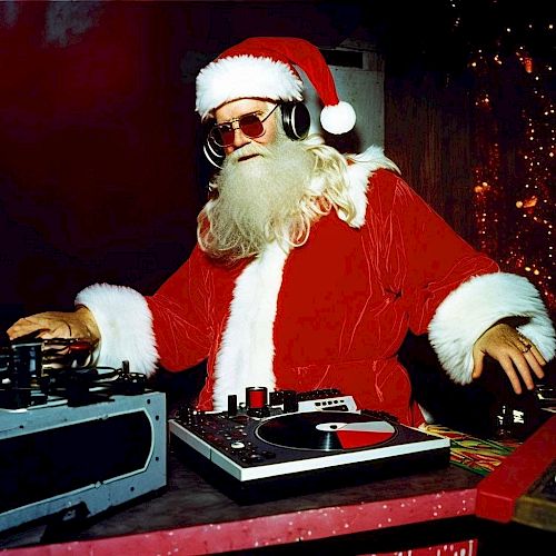 Santa DJ spinning records, wearing shades, mixing tracks, holiday vibe with lights.