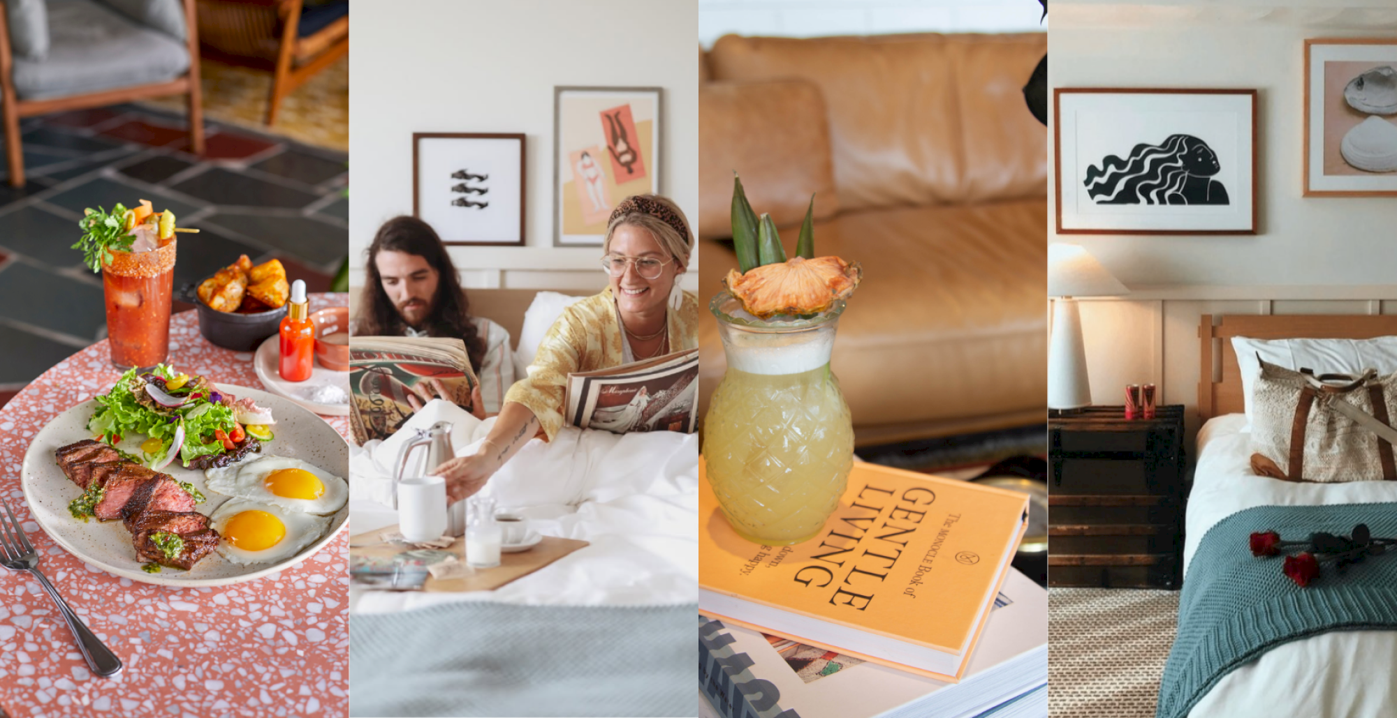 A collage of four cozy scenes: a plated brunch with drinks, people reading in bed, a glass with a book, and a stylish bedroom setup.