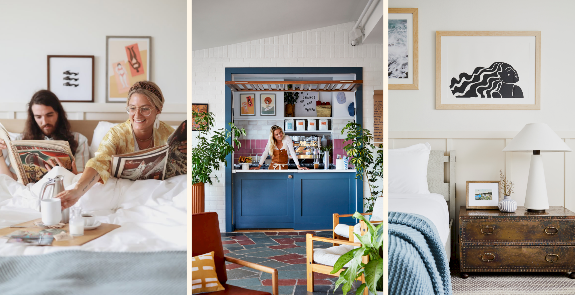 A cozy house party vibe: people reading in bed, a blue cafe counter, and a tidy bedroom with plants and art.